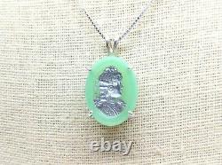 Sterling Uranium Glass Cameo Necklace 925 Silver Vaseline Glass