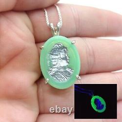 Sterling Uranium Glass Cameo Necklace 925 Silver Vaseline Glass