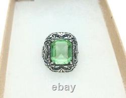 Sterling Uranium Glass Emerald Cut Ring Size 5.5 Vaseline Glass 925 Silver