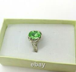 Sterling Uranium Glass Green Faceted Oval Ring 925 Silver Vaseline Glass