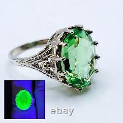 Sterling Uranium Glass Ring Elaborate Oval Green Faceted 925 Silver