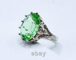 Sterling Uranium Glass Ring Elaborate Oval Green Faceted 925 Silver