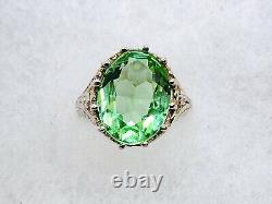 Sterling Uranium Glass Ring Elaborate Oval Green Faceted 925 Silver