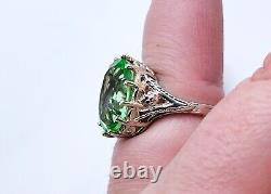 Sterling Uranium Glass Ring Elaborate Oval Green Faceted 925 Silver