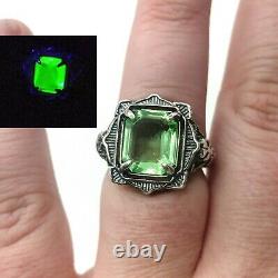 Sterling Uranium Glass Ring Emerald Cut 925 Silver Vaseline Glass