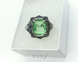 Sterling Uranium Glass Ring Emerald Cut 925 Silver Vaseline Glass