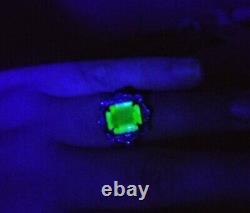 Sterling Uranium Glass Ring Emerald Cut 925 Silver Vaseline Glass