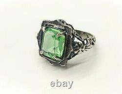 Sterling Uranium Glass Ring Emerald Cut 925 Silver Vaseline Glass