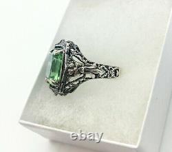 Sterling Uranium Glass Ring Emerald Cut 925 Silver Vaseline Glass