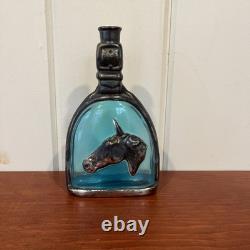 Sterling silver horse head overlay on glass decanter, RARE Blue Glass! Gorgeous