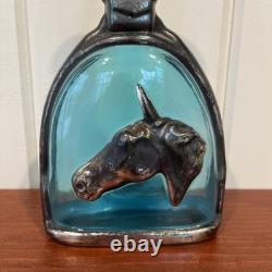 Sterling silver horse head overlay on glass decanter, RARE Blue Glass! Gorgeous