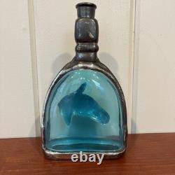 Sterling silver horse head overlay on glass decanter, RARE Blue Glass! Gorgeous