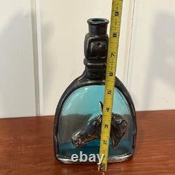 Sterling silver horse head overlay on glass decanter, RARE Blue Glass! Gorgeous