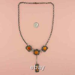 Sterling silver oxidized orange dichroic glass drop brutalist necklace size 19in
