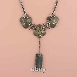 Sterling silver oxidized orange dichroic glass drop brutalist necklace size 19in