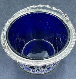Sterling silver sugar basket with cobalt blue glass liner Birmingham 1904