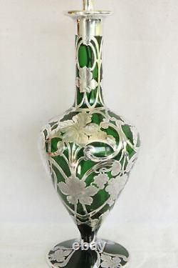 Stunning Antique Green Decanter & 5 Shots Art Glass Sterling Silver Overlay Set