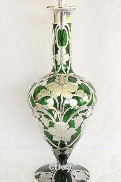 Stunning Antique Green Decanter & 5 Shots Art Glass Sterling Silver Overlay Set