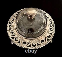 Stunning Antique Sterling & Cut Glass Covered & Domed Butter Plate Dish