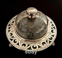 Stunning Antique Sterling & Cut Glass Covered & Domed Butter Plate Dish