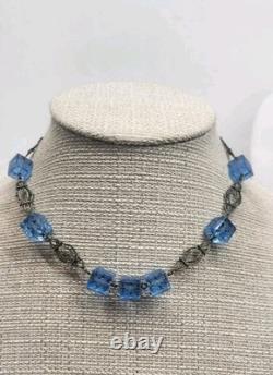 Stunning Antique Sterling Silver Art Nouveau Blue Czech Carved Glass Choker