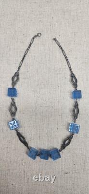Stunning Antique Sterling Silver Art Nouveau Blue Czech Carved Glass Choker