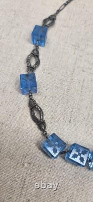 Stunning Antique Sterling Silver Art Nouveau Blue Czech Carved Glass Choker
