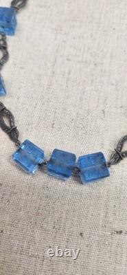Stunning Antique Sterling Silver Art Nouveau Blue Czech Carved Glass Choker
