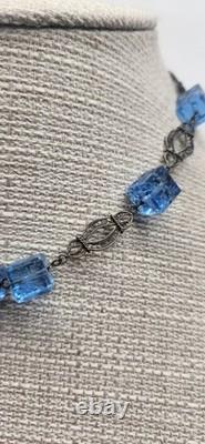 Stunning Antique Sterling Silver Art Nouveau Blue Czech Carved Glass Choker