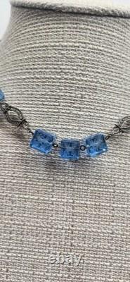 Stunning Antique Sterling Silver Art Nouveau Blue Czech Carved Glass Choker