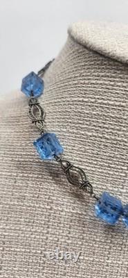 Stunning Antique Sterling Silver Art Nouveau Blue Czech Carved Glass Choker