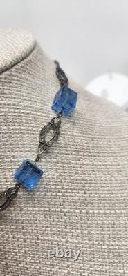 Stunning Antique Sterling Silver Art Nouveau Blue Czech Carved Glass Choker