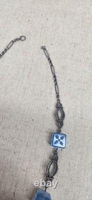 Stunning Antique Sterling Silver Art Nouveau Blue Czech Carved Glass Choker