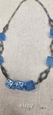 Stunning Antique Sterling Silver Art Nouveau Blue Czech Carved Glass Choker