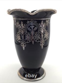 Stunning Scarce Sterling Silver Overlay Black Amethyst Glass 9.25 Vase