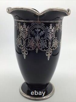 Stunning Scarce Sterling Silver Overlay Black Amethyst Glass 9.25 Vase