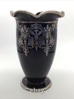 Stunning Scarce Sterling Silver Overlay Black Amethyst Glass 9.25 Vase