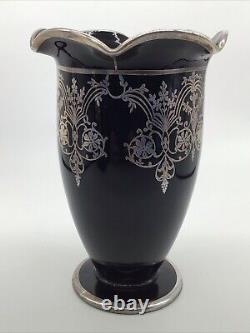 Stunning Scarce Sterling Silver Overlay Black Amethyst Glass 9.25 Vase