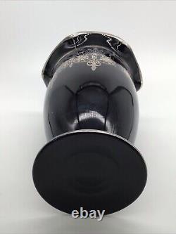 Stunning Scarce Sterling Silver Overlay Black Amethyst Glass 9.25 Vase