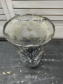 Stunning Vintage Art Nouveau Sterling Silver Overlay Glass Flower Vase 1921 RARE