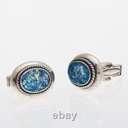 Stylish Men 925 Sterling Silver Authentic Roman Glass Cuff Links Jewelry