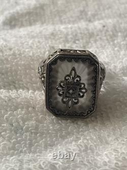 Sunburst Camphor Glass Ring Embellished Ring Inset White Sterling Silver 925