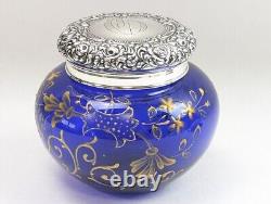 Super UNGER BROTHERS Dresser Jar Sterling Silver Cobalt Blue withEnamel on Glass