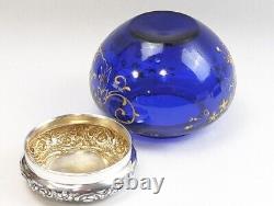 Super UNGER BROTHERS Dresser Jar Sterling Silver Cobalt Blue withEnamel on Glass