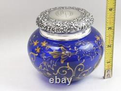 Super UNGER BROTHERS Dresser Jar Sterling Silver Cobalt Blue withEnamel on Glass