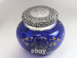 Super UNGER BROTHERS Dresser Jar Sterling Silver Cobalt Blue withEnamel on Glass