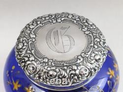 Super UNGER BROTHERS Dresser Jar Sterling Silver Cobalt Blue withEnamel on Glass
