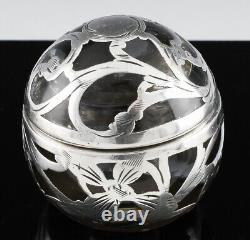 Superb Art Nouveau Sterling Silver Overlay & Crystal Glass Lidded Inkwell Jar