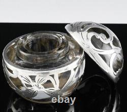 Superb Art Nouveau Sterling Silver Overlay & Crystal Glass Lidded Inkwell Jar