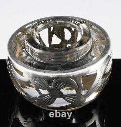 Superb Art Nouveau Sterling Silver Overlay & Crystal Glass Lidded Inkwell Jar